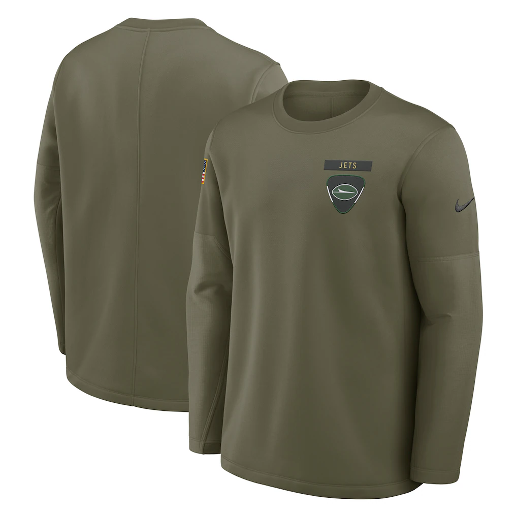 Men's New York Jets Olive 2025 Salute to Service Sideline Coaches Therma-FIT Long Sleeve Shirt Men's New York Jets Olive 2025 Salute to Service Sideline Coaches Therma-FIT Long Sleeve Shirt